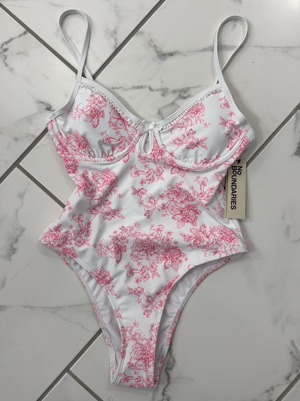 No Boundaries White One-Piece Swimsuit with Pink Floral Print and Keyhole
